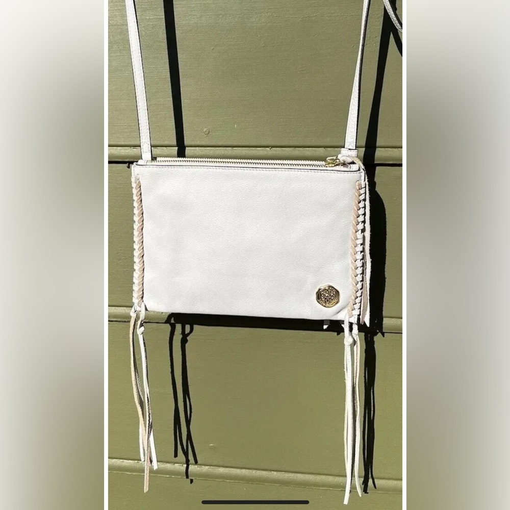 Vince Camuto Litzy Glacier Gray Pebbled Leather Fringe Crossbody Handbag